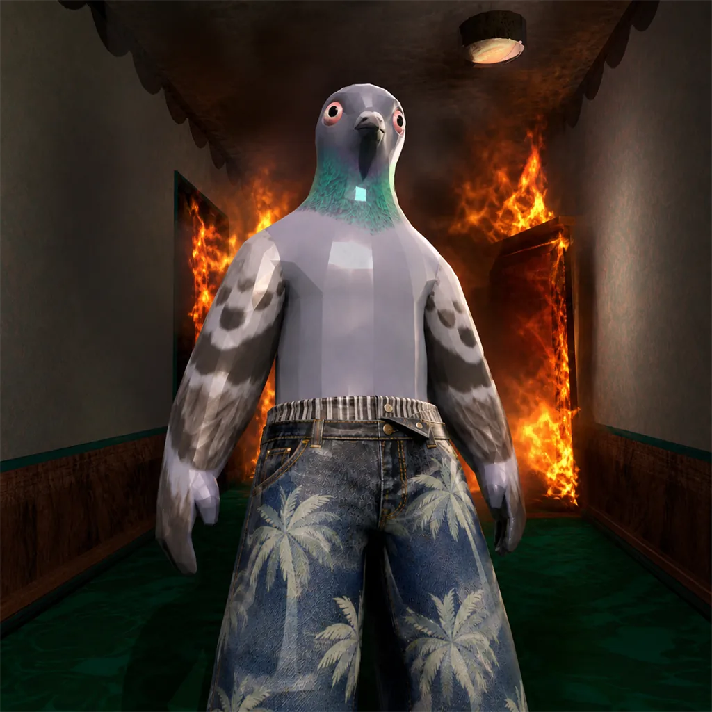 pigin in a burning corridor