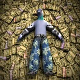 pigin lying spread out on a sea of banknotes